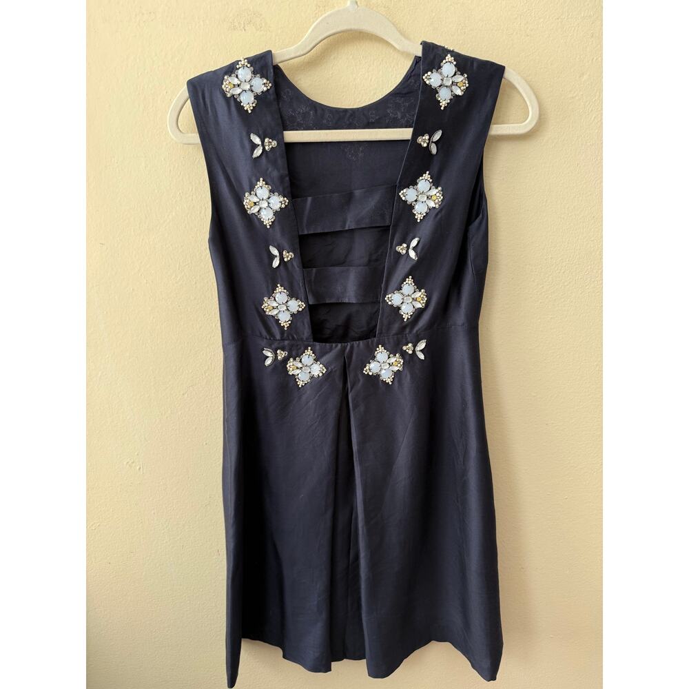 Tory Burch Navy Mini Dress with Embellished Flower Neckline - Picture 3 of 8